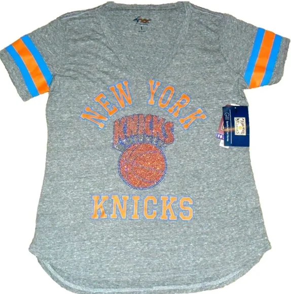 New York Knicks Womens Rhinestone Bedazzled Logo V Neck T Shirt sz Large… - Picture 1 of 4
